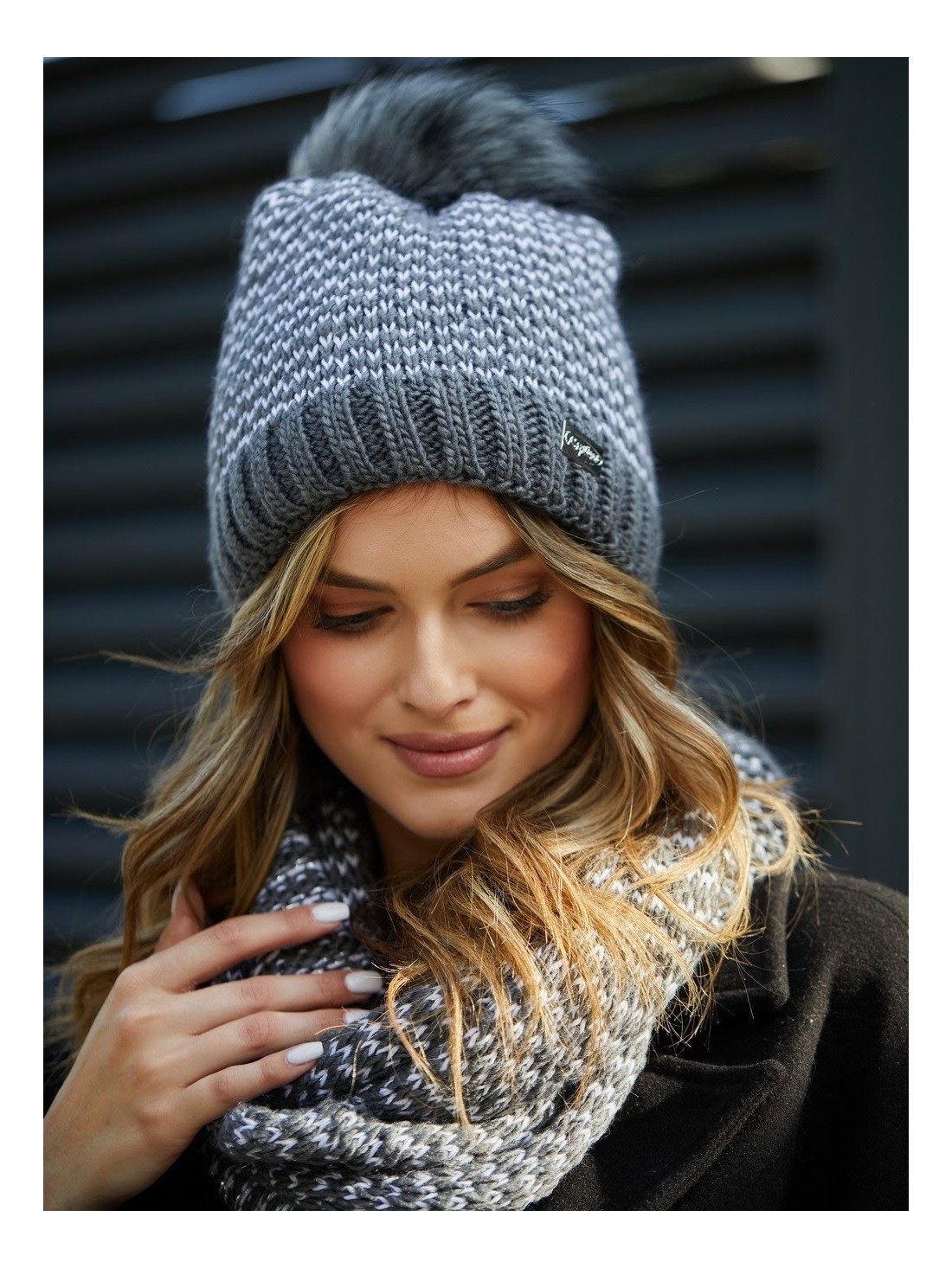 Winter set of hat with herringbone scarf, graphite C45 - Online store - Boutique